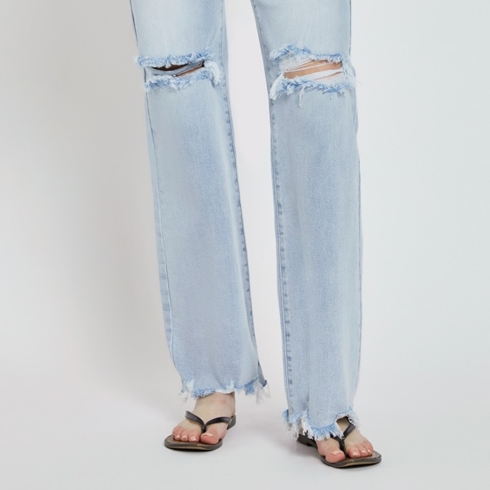RISEN Distressed High-Rise Jeans Retro Straight Wide Leg Classic Denim Pants - Picture 13 of 16